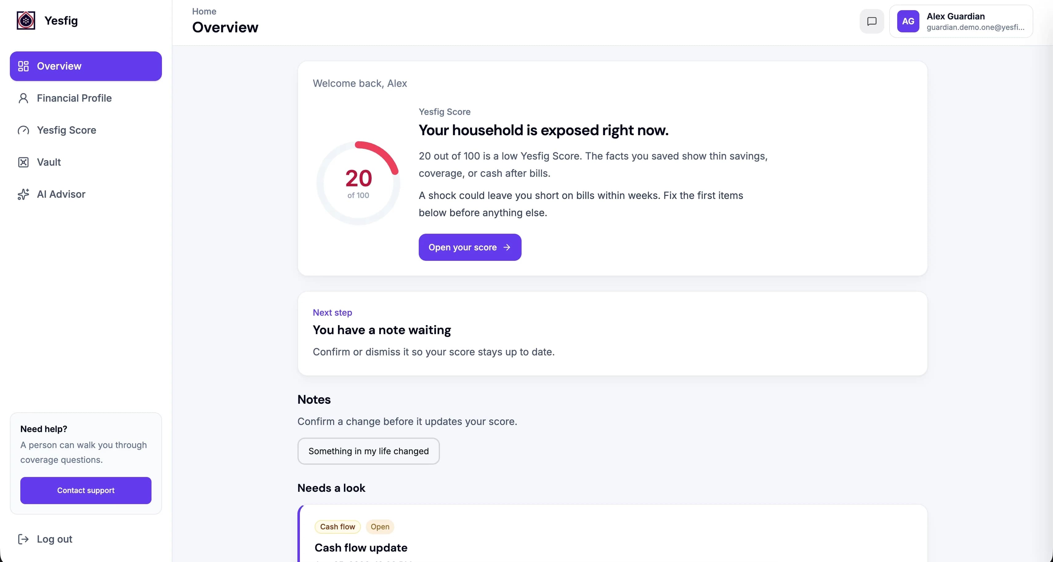 Guardian dashboard overview with a Yesfig Score and recommended next action